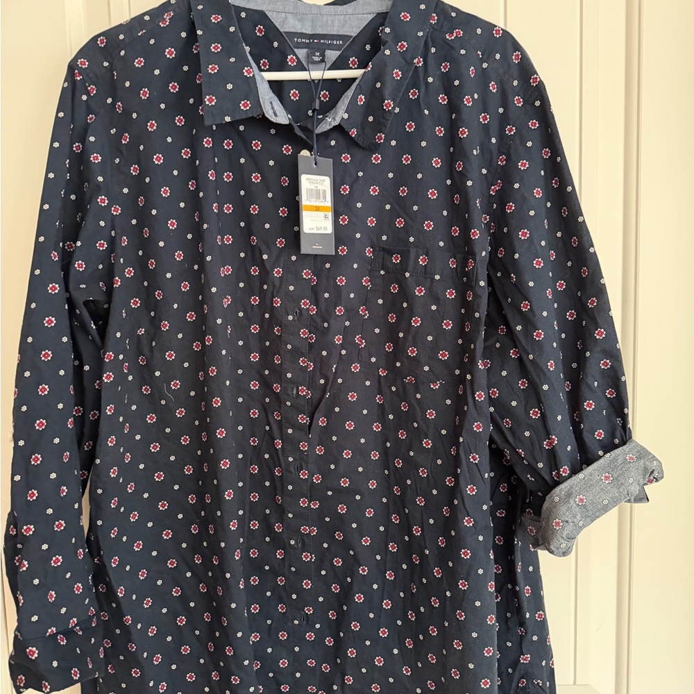 Tommy Hilfiger Navy Button-Down Shirt with Red & White Floral Motif 3x NWT